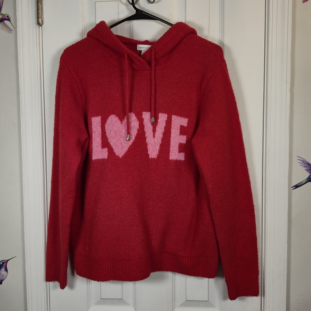 Cupcakes and Cashmere Red LOVE Heart Knit Hoodie Sweater M Cozy Girl